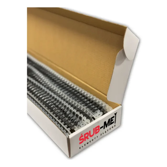 Zbliżenie na wkręty na taśmie do płyt GK 3,5x25 mm – do mocowania do metalu w pudełku - widok z boku